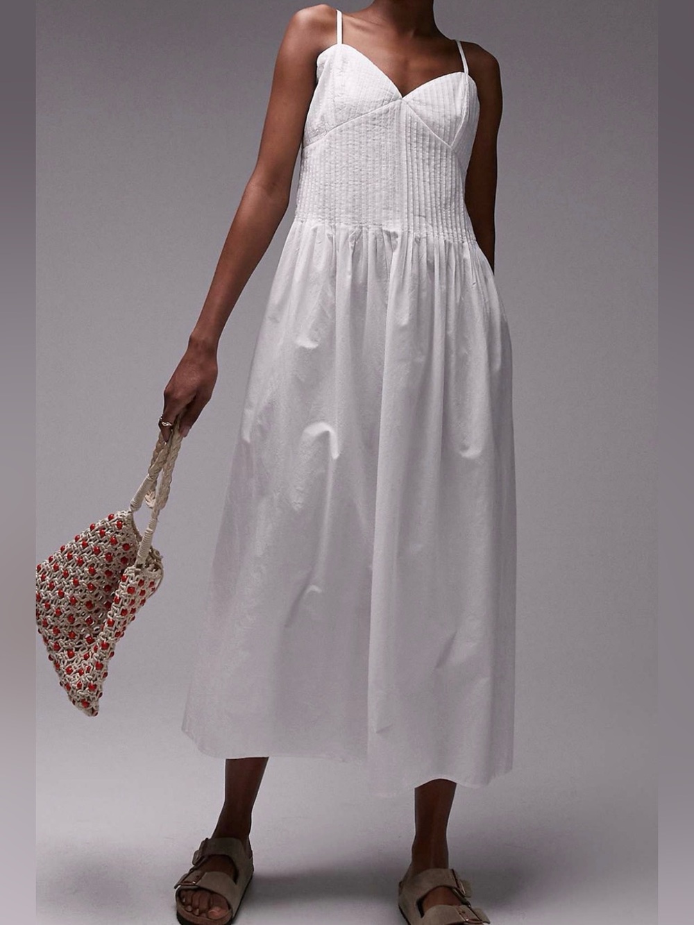 Topshop strappy pleated midi sundress in ivory